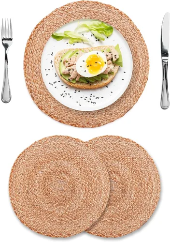 Eco Crave - Juego de 2 manteles individuales redondos tejidos de yute, natural, 33 cm, estilo boho, rústico, de granja, tejido a mano para