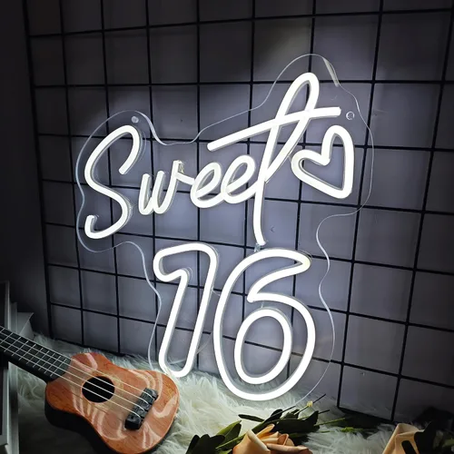 Decoraciones de neón para fiestas de 16 años con texto en inglés «Sweet 16», decoración de cumpleaños para niñas, brillo vibrante para fiestas de