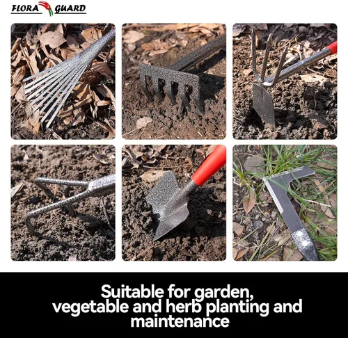 Miniatura 6 de FLORA GUARD Juego de herramientas de jardín de 6 piezas, herramientas manuales de jardinería resistentes con paleta, rastrillos, cultivador, azada