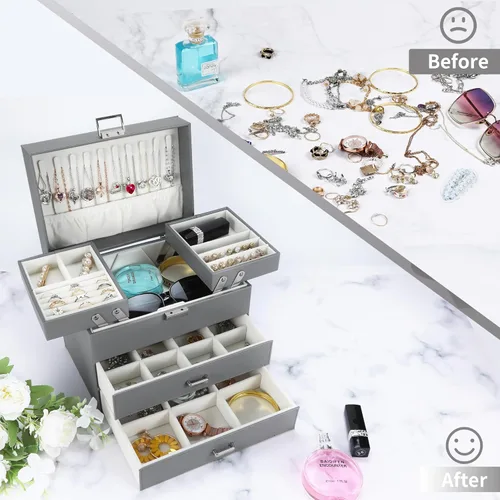 Miniatura 2 de Dajasan Caja organizadora de joyas, cajas de joyería para mujeres y niñas, 4 capas, caja de almacenamiento grande de joyería para aretes, anillos