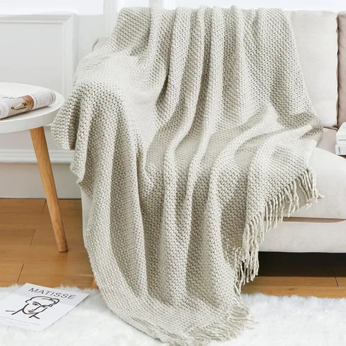 Miniatura 19 de Blagic Manta de punto para sofá, manta suave de estilo bohemio para otoño con borlas, manta ligera decorativa para el hogar, manta beige para cama