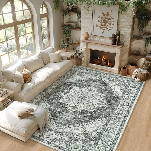 Miniatura 2 de Alfombra de área para sala de estar: alfombra grande lavable a máquina de 9 x 12 pies, diseño bohemio vintage medallón suave, alfombra fina