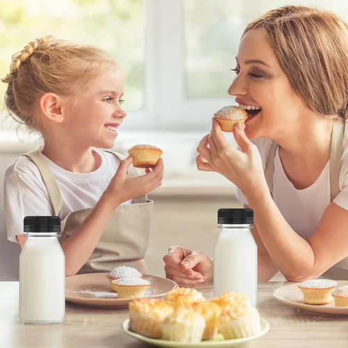 Miniatura 6 de Hulless 5 Piezas Botellas de Plástico para Jugo de 8 Onzas con Tapas Negras, Contenedores de Bebidas Adecuados para Jugo, Batidos, Leche y Bebidas