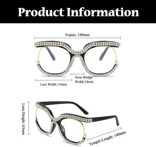 Miniatura 3 de LJCZKA Gafas de bloqueo de luz azul de gran tamaño para mujer, con diamantes de imitación, anti luz azul, lentes de diamante antifatiga ocular