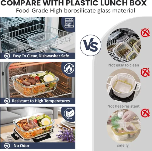 Miniatura 5 de HOTEC Recipiente de vidrio de almacenamiento de alimentos de 35 onzas, recipientes herméticos de vidrio para almuerzo y frutas con tapas, apto