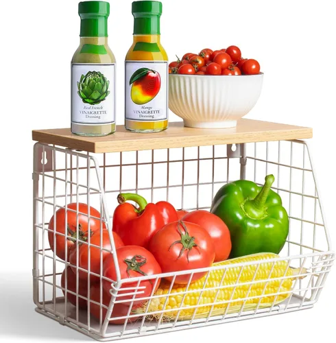 Miniatura 9 de Wawocs Tazón de frutas de 2 niveles, cesta de frutas para encimera de cocina, cesta apilable, cesta colgante montada en la pared, cestas de alambre