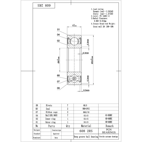 Miniatura 2 de PGN 608-2RS - Rodamiento de bolas sellado de acero cromado lubricado - Rodamientos de 0.315 x 0.866 x 0.276 in con sello de goma y soporte de altas