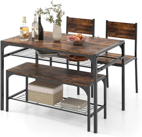 Miniatura 10 de COSTWAY Juego de mesa de comedor de 4 piezas, mesa de cocina y 2 sillas para 4 con banco, estantes de almacenamiento, marco de metal y diseño que