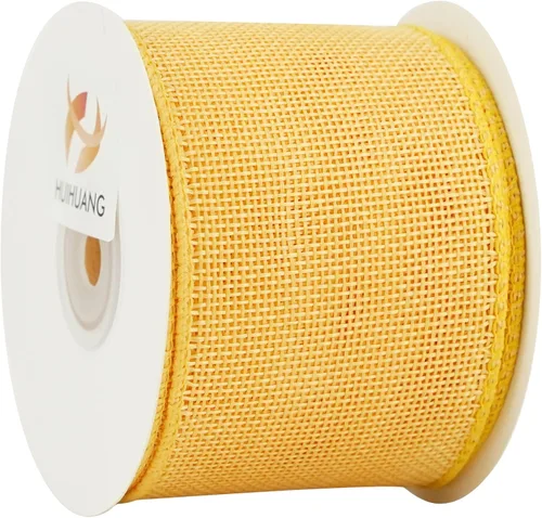 Miniatura 4 de HUIHUANG Cinta amarilla de yute con alambre de arpillera – 2.5 pulgadas x 10 yardas con borde de alambre sólido para coronas, lazos grandes, Amarillo