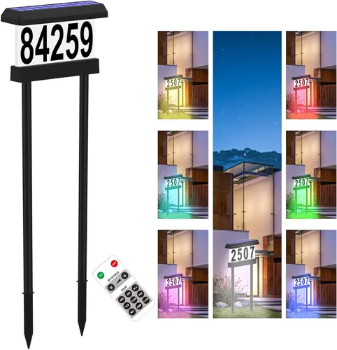 Miniatura 7 de Placa solar de dirección de 3 lados, números de casa iluminados para exteriores, control remoto RGBW impermeable que cambia de color, letrero