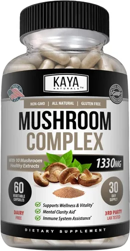 Kaya Naturals Complejo de hongos premium potente, cápsulas complejas de hongos de 1330 mg por porción, ayuda a la claridad mental que apoya el