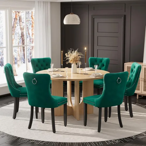 Miniatura 25 de Mesa de comedor redonda de 47 pulgadas para juego de mesa de cocina rústica de 6,7 piezas, mesa de comedor de granja, sillas negras de alta gama
