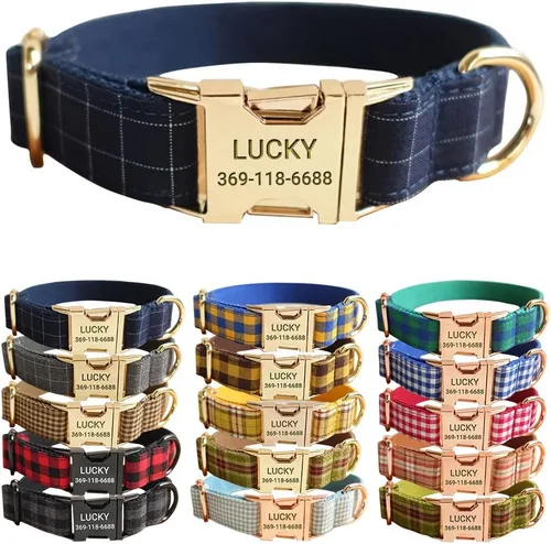 Miniatura 10 de PETDURO Collar de Perro a Cuadros Personalizado Verde Manzana - Nombre y Número de Teléfono Grabados en Hebilla de Metal Oro Rosa - Personalizado