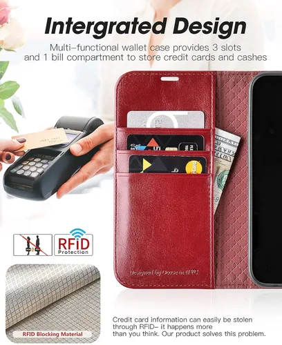 Miniatura 3 de OCASE Funda tipo cartera compatible con iPhone 13, funda tipo folio con tapa de piel sintética, con tarjetero, bloqueo RFID, soporte
