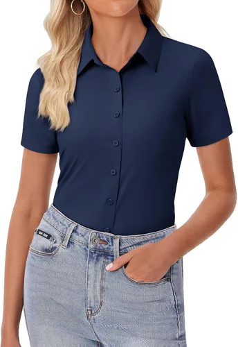 Miniatura 18 de siliteelon Camisa de vestir con botones para mujer, ajustada, elástica, de manga corta, sin arrugas, sólida, formal, para el trabajo