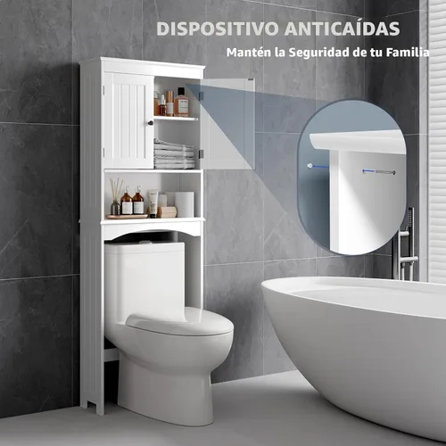 Miniatura 5 de Bealife Armario de almacenamiento sobre el inodoro con estante abierto, organizador con estante ajustable y puertas dobles, estante de Blanco