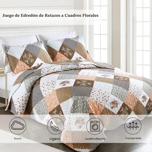 Miniatura 2 de Dinjoy Juego de edredón negro y gris, tamaño Queen, juego de ropa de cama reversible con patrón de retazos florales a cuadros, juego de ropa de cama