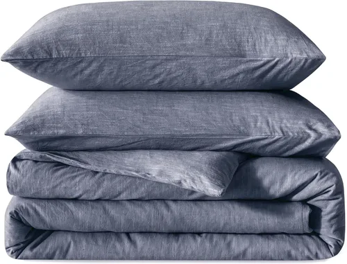 Miniatura 12 de BFS HOME Funda de edredón de lino tamaño King, mezcla de lino de algodón suave y transpirable, juego de ropa de cama de 3 piezas con 2 fundas