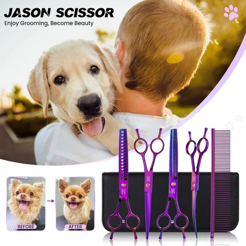Miniatura 2 de JASON Kit profesional de tijeras para perros 6 en 1: rectas, adelgazantes, chunker, tijeras curvadas y peine para cabello largo y corto y gato