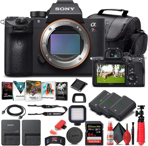Sony Cámara digital sin espejo Alpha a7R IV (solo cuerpo) (ILCE7RM4/B) + tarjeta de memoria de 64 GB + 2 baterías NP-FZ-100 + software de foto Corel