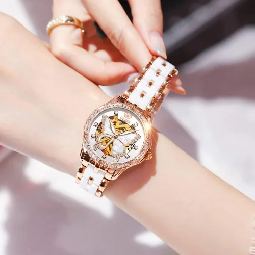 Miniatura 2 de OLEVS Relojes automáticos de oro rosa para mujer diseño de esqueleto mecánico de cuerda automática elegante vestido de lujo para mujer con diamantes