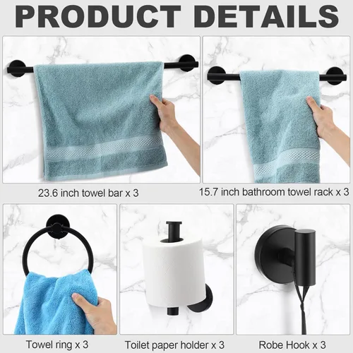 Miniatura 3 de Gisafai Juego de 15 accesorios de baño negro mate, toalleros negros para baño, acero inoxidable Sus304 de 23.6 pulgadas, soporte para papel