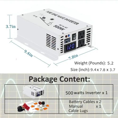 Miniatura 6 de WZRELB Inversor de corriente solar pura de onda sinusoidal 500w 24v DC a 120v AC 60hz
