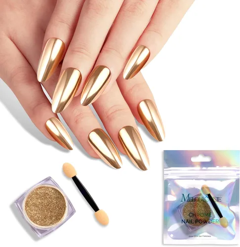 MelodySusie Polvo para Uñas Oro Champán con Efecto Cromo para Uñas de Gel, Pigmento Metálico con Efecto Espejo, Purpurina Fina Elegante y