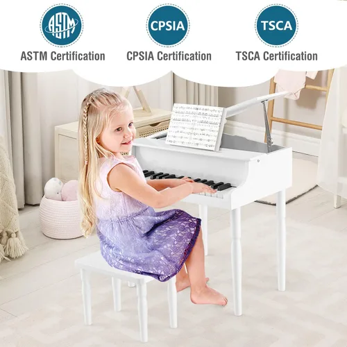 Miniatura 8 de HONEY JOY Piano clásico para niños, mini piano de cola de 30 teclas con soporte de música y banco, juguete de instrumento musical de madera con tapa