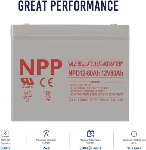 Miniatura 3 de NPP Batería de ciclo profundo AGM de 12 V 80 Ah, reemplazo AGM SLA recargable del grupo 24, terminales T14 para respaldo de UPS, seguridad