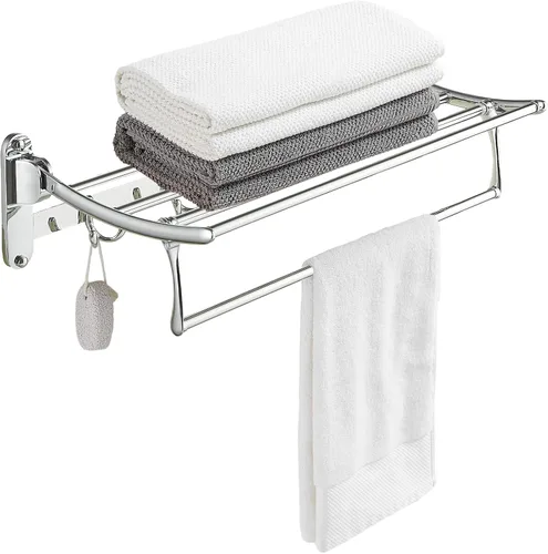 BESy Barras de Toallas de 24 Pulgadas de Cromo Pulido, Estante de Toallas de Baño con Barra de Toallas Plegable y Ganchos para Toallas, Accesorios