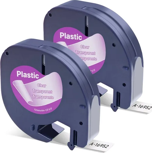 LetraTag - Recambios 16952 S0721530 - Cinta de etiquetas de plástico transparente compatible con Dymo LT Labeling Maker Plus LT100T QX50,1/2