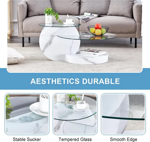 Miniatura 5 de Mesa de café de 35.4" de vidrio, mesa de café redonda, mesa con superficie de vidrio templado de 2 niveles con base de mármol falso blanco, mesa