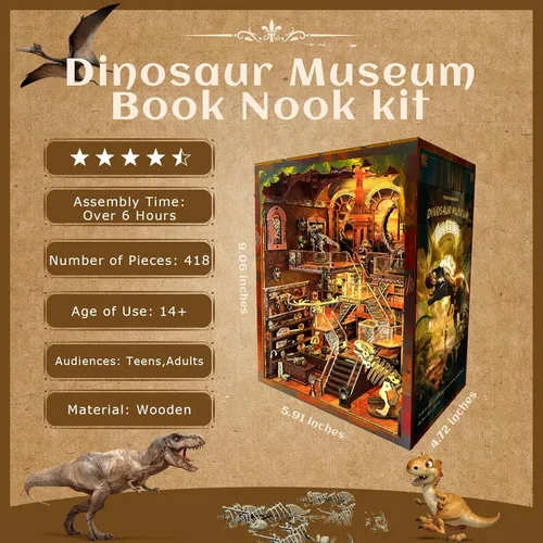 Miniatura 2 de Kit de rincón de libros para adultos – Registro de museo de dinosaurios, rompecabezas de casa de muñecas 3D de madera con luces LED, decoración