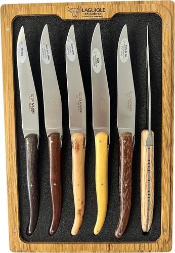 Miniatura 6 de Laguiole en Aubrac Juego de 6 cuchillos de carne de acero inoxidable mate totalmente forjados con asas de madera mixta