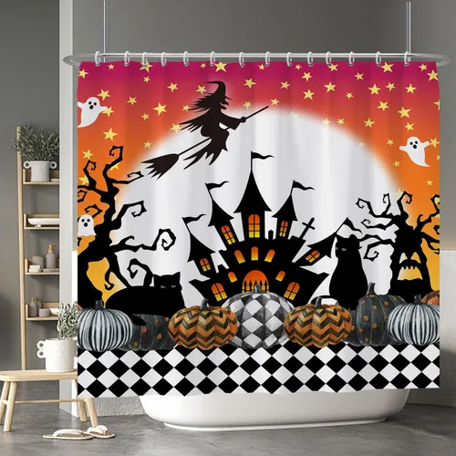 Miniatura 14 de Cortina de ducha de fantasma y gato negro para niños, 36 x 72 pulgadas, espeluznante y bonita, cortina de baño de Halloween con 6 ganchos, cortina