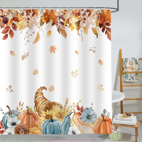 Miniatura 23 de Cortina de ducha de otoño, decoración de baño de árbol de calabaza, 72 x 72 pulgadas, tela de poliéster, cortina de baño impermeable con 12 ganchos