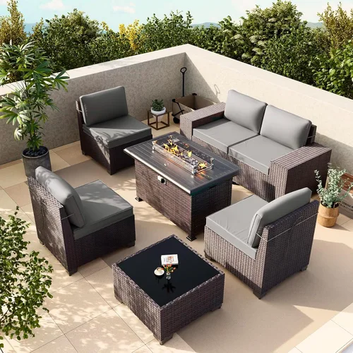 Miniatura 32 de Gotland Juego de muebles de patio de 8 piezas con mesa con fogón, muebles de ratán para exteriores para todo tipo de clima con respaldo alto de 2