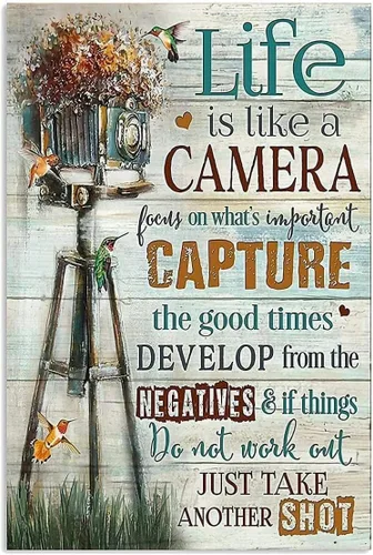 Letrero de metal vintage de estaño para fotógrafo, Life is Like A Camera Focus On What Important Capture Retro Wall Art Decor Pintura de hierro para