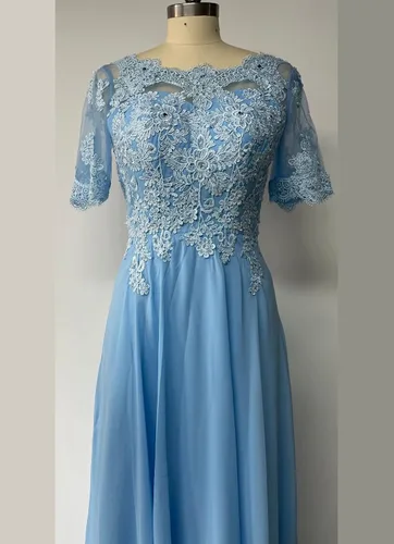 Miniatura 6 de Vestido formal de gasa de manga corta con apliques de encaje para mujer