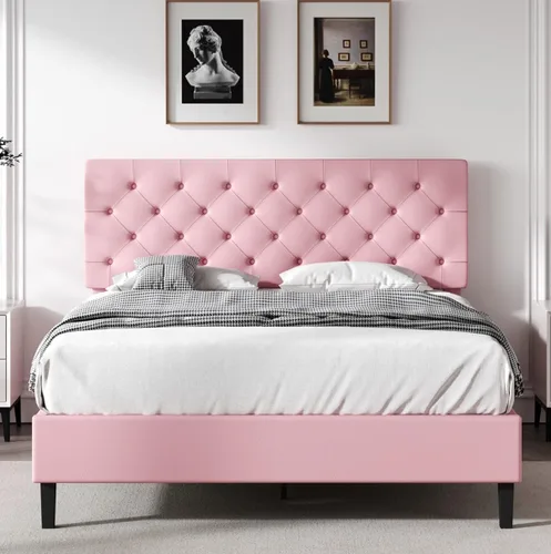 Miniatura 12 de REVOMINCA Marco de cama matrimonial con cabecero, plataforma tapizada de piel sintética, marco de cama negro tamaño matrimonial, soporte de listones