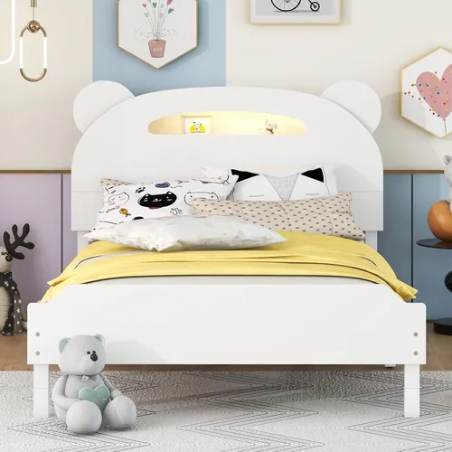 Miniatura 21 de Cama de plataforma de madera de tamaño individual con cabecero y estribo en forma de oso, sin ruido, para niños, adolescentes, niños y niñas,
