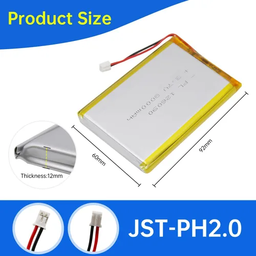 Miniatura 3 de 126090 3.7V Batería Lipo 8000mAh 126090 Cargable Paquete de Batería de Polímero de Litio con Conector JST PH2.0mm para Dispositivo Electrónico