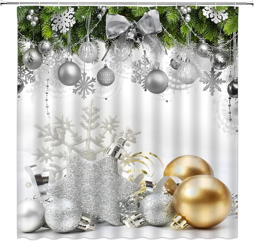 Cortina de ducha de Navidad, bola dorada y plateada, copo de nieve, festival de vacaciones de invierno, feliz año nuevo, tela decorativa de Navidad,