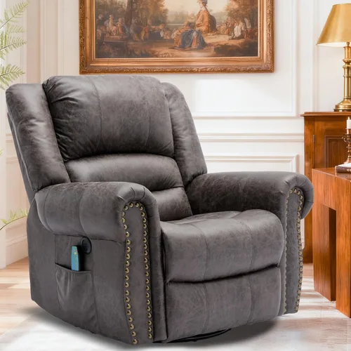 Miniatura 11 de Sillón reclinable giratorio manual con calor y vibración, mecedora giratoria de 360°, sillas reclinables ergonómicas para masaje con bolsillos