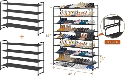 Miniatura 5 de KIMBORA Zapatero largo de 4 niveles para el piso del armario, estante ancho para zapatos, organizador de almacenamiento de 30 pares apilables, Negro