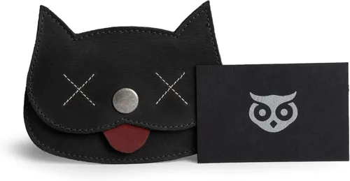 Miniatura 61 de Hide & Drink, Cartera en forma de gato, bolsa para monedas, soporte para dinero, accesorio de viaje, cuero de grano completo, hecho a mano, Negro