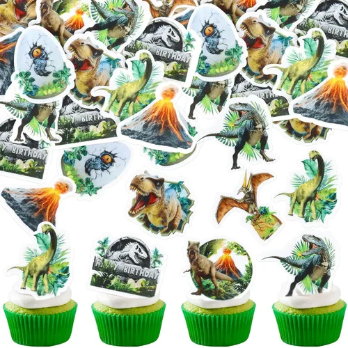 Miniatura 18 de Ercadio Paquete de 32 adornos para cupcakes de dinosaurios de dibujos animados, lindos dinosaurios para bebé, temática de dinosaurio, baby shower