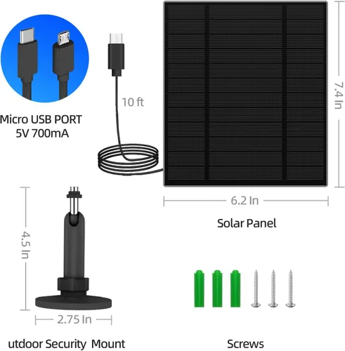 Miniatura 5 de Panel solar de 5 W para cámara de seguridad, panel solar con puerto micro USB y USB-C para cámara de batería recargable de 5 V CC al aire libre