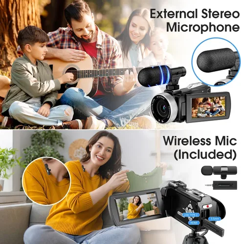 Miniatura 2 de Videocámara de cámara de video 4K Ultra HD, grabadora digital de 48 MP con micrófono inalámbrico Lavalier, zoom digital 18X, control remoto, tarjeta